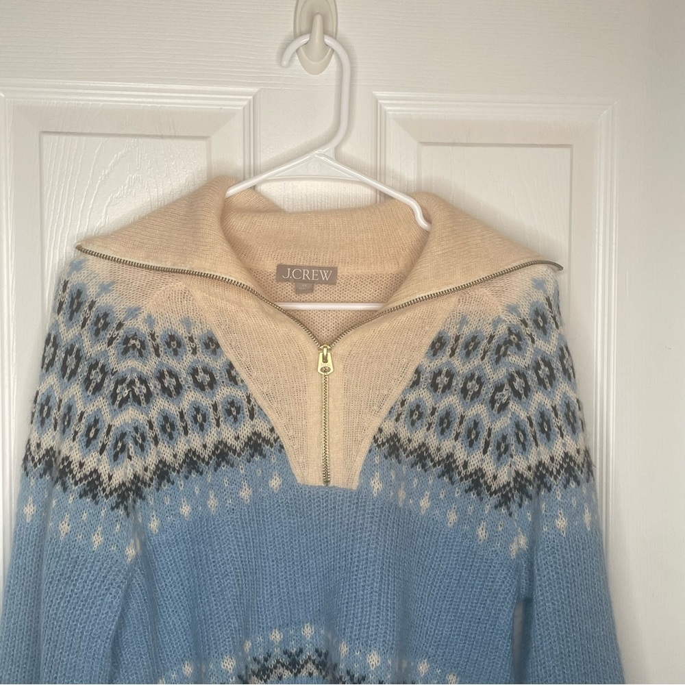 J. Crew Fair Isle Half-Zip Sweater Brushed Yarn Alpaca Wool Blend Cream/Blue XS - Picture 5 of 12
